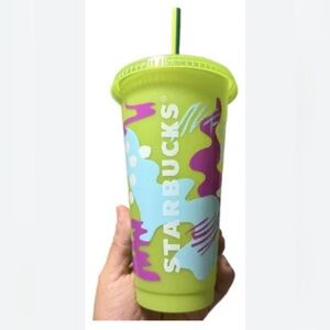Starbucks Lime Green Tumbler with Purple and Blue Design
